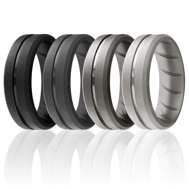 ROQ Silicone Rubber Wedding Ring for Men, Comfort Fit, Men's Wedding Band, Breathable Rubber Engagement Band, 8mm Wide 2mm Thick, Engraved Duo Middle Line, 4 Pack, Silver, Grey, Black, Size 10 - Image 1